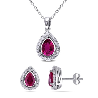 Pear-Shaped Lab-Created Ruby and White Lab-Created Sapphire Pendant and Stud Earrings Set in Sterling Silver