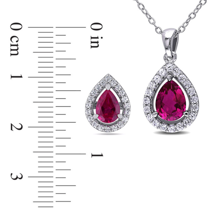 Pear-Shaped Lab-Created Ruby and White Lab-Created Sapphire Pendant and Stud Earrings Set in Sterling Silver