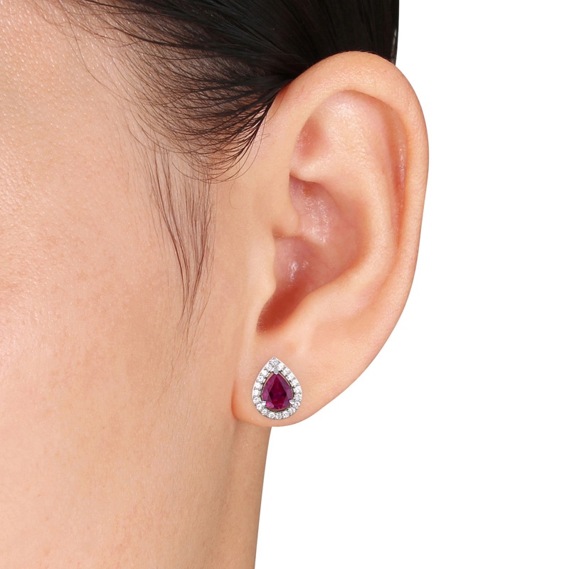 Pear-Shaped Lab-Created Ruby and White Lab-Created Sapphire Pendant and Stud Earrings Set in Sterling Silver