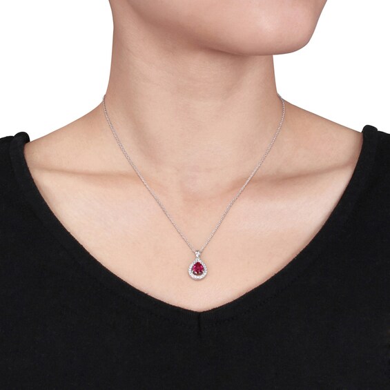 Pear-Shaped Lab-Created Ruby and White Lab-Created Sapphire Pendant and Stud Earrings Set in Sterling Silver