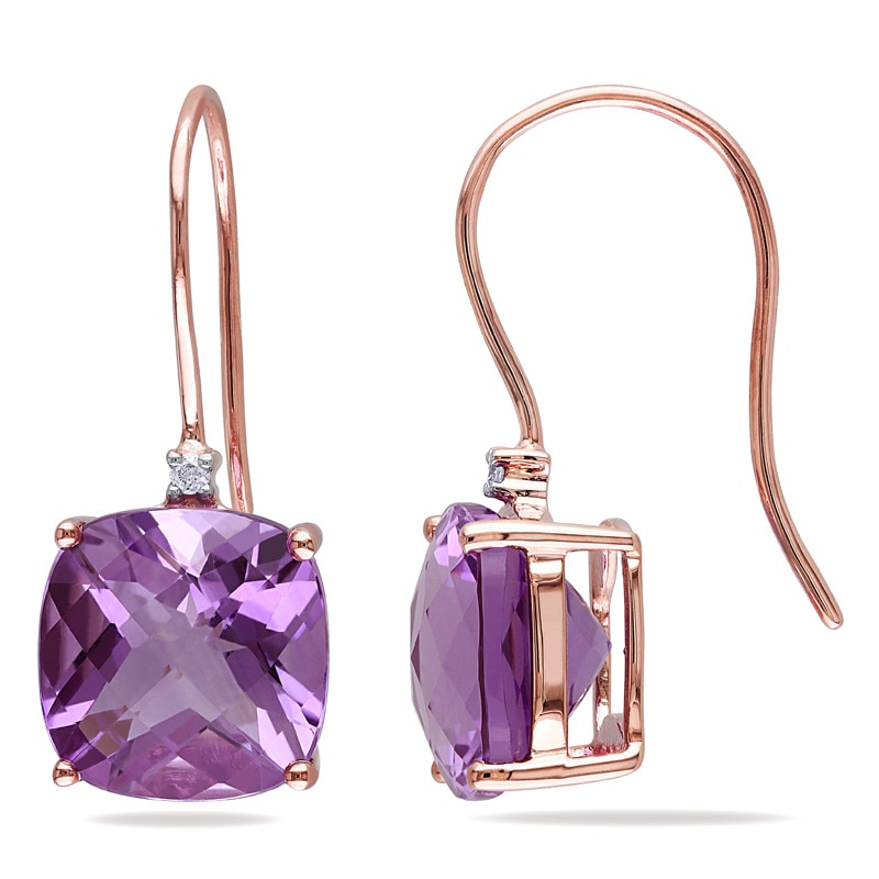 10.0mm Cushion-Cut Amethyst and Diamond Accent Drop Earrings in 10K Rose Gold|Peoples Jewellers