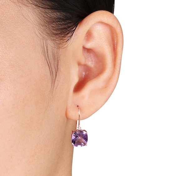 10.0mm Cushion-Cut Amethyst and Diamond Accent Drop Earrings in 10K Rose Gold