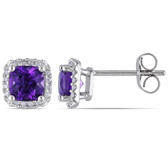 5.0mm Cushion-Cut Amethyst and 0.09 CT. T.W. Diamond Stud Earrings in 10K White Gold