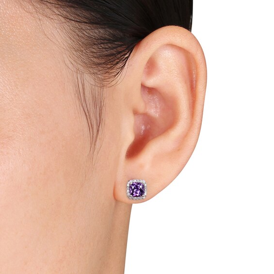 5.0mm Cushion-Cut Amethyst and 0.09 CT. T.W. Diamond Stud Earrings in 10K White Gold