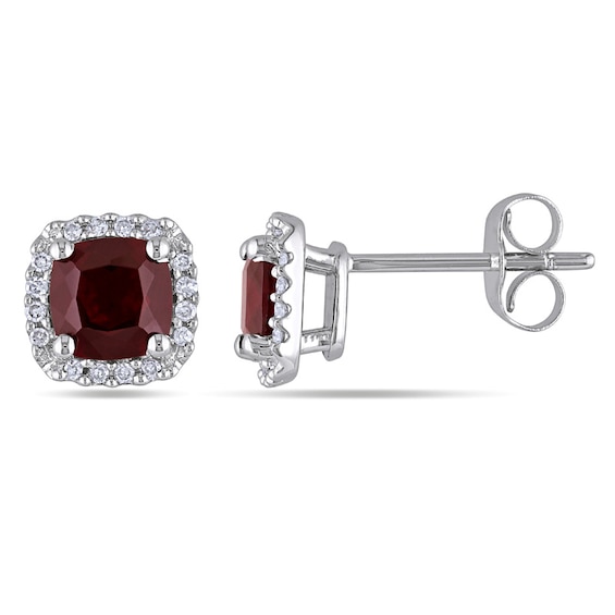 5.0mm Cushion-Cut Garnet and 0.09 CT. T.W. Diamond Stud Earrings in 10K White Gold