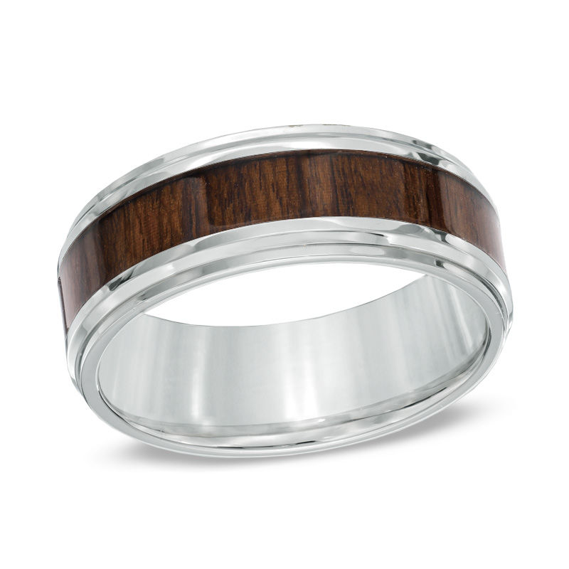 Men's 8.0mm Comfort Fit Stainless Steel and Wood Grain Carbon Fiber Inlay Wedding Band - Size 10|Peoples Jewellers