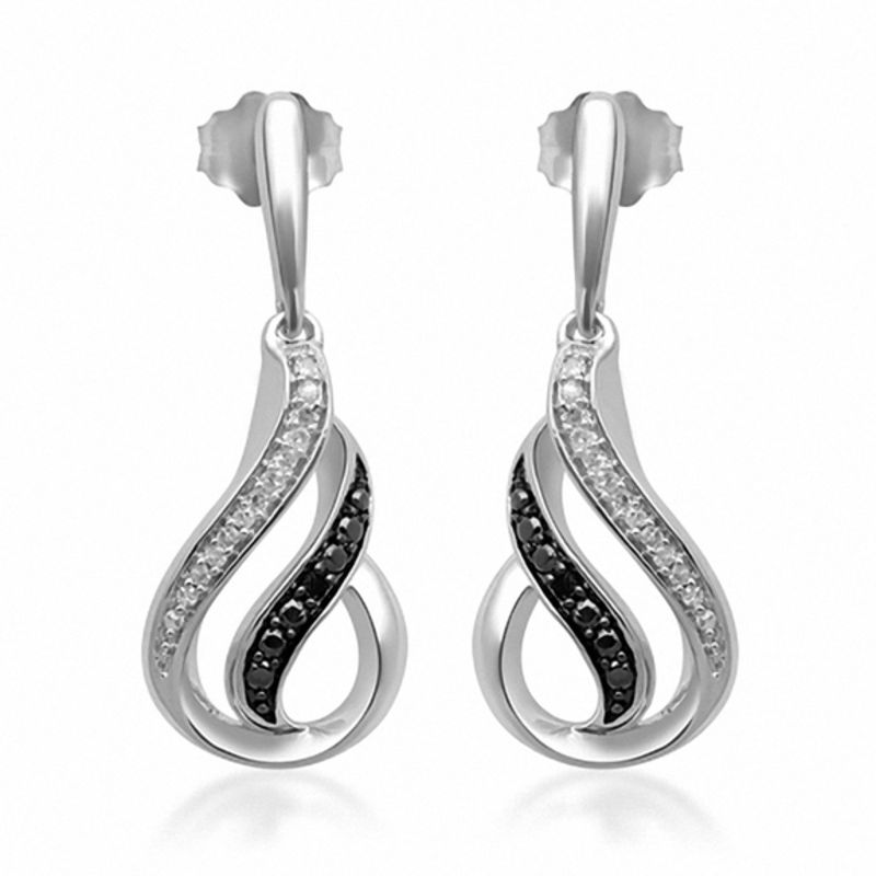 Enhanced Black and White Diamond Accent Flame Drop Earrings in Sterling Silver