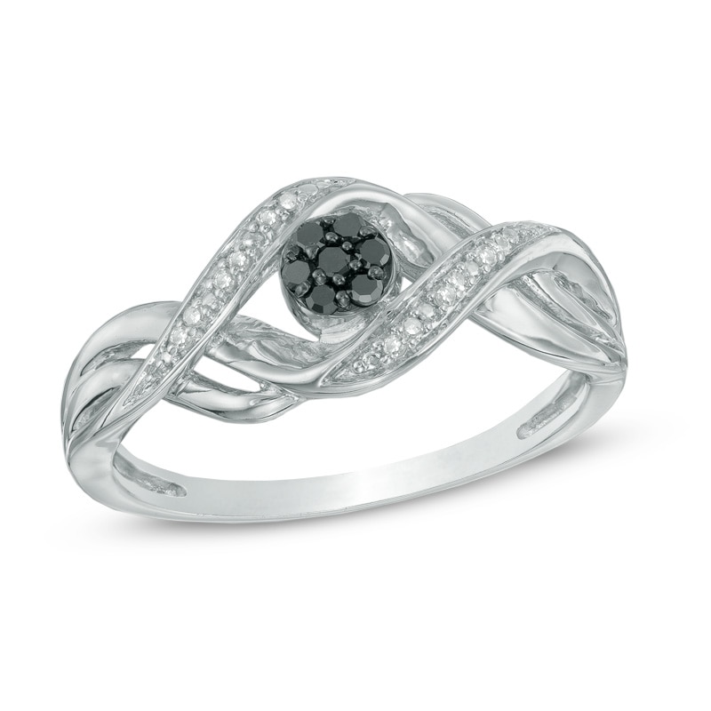 0.10 CT. T.W. Enhanced Black and White Diamond Cluster Bypass Ring in Sterling Silver|Peoples Jewellers