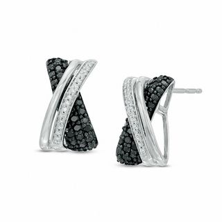 0.15 CT. T.W. Enhanced Black and White Diamond "X" J-Hoop Earrings in Sterling Silver