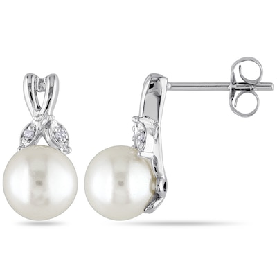 7.5-8.0mm Freshwater Cultured Pearl and Diamond Accent Drop Earrings in 10K White Gold