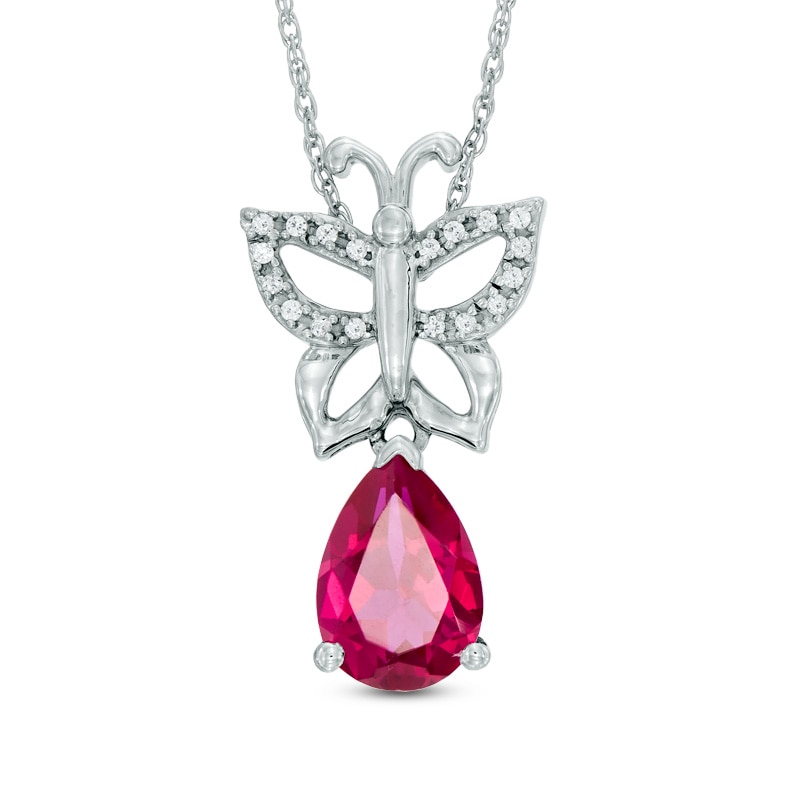 Pear-Shaped Lab-Created Ruby and Diamond Accent Butterfly Pendant in Sterling Silver