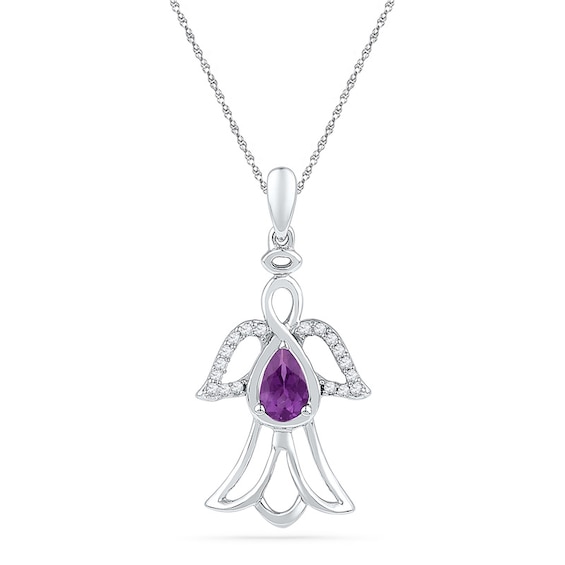 Pear-Shaped Amethyst and 0.10 CT. T.W. Diamond Angel Pendant in Sterling Silver