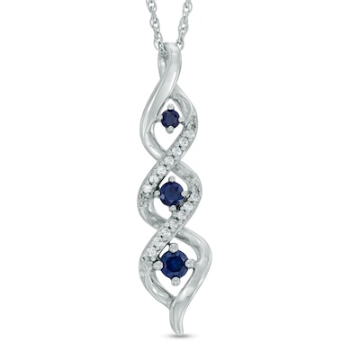 Lab-Created Blue Sapphire and Diamond Accent Three Stone Pendant in Sterling Silver