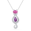 Thumbnail Image 0 of Oval Lab-Created Pink Sapphire, Amethyst and 0.12 CT. T.W. Diamond Cat Pendant in Sterling Silver