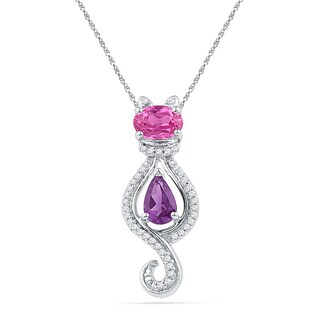 Oval Lab-Created Pink Sapphire, Amethyst and 0.12 CT. T.W. Diamond Cat Pendant in Sterling Silver