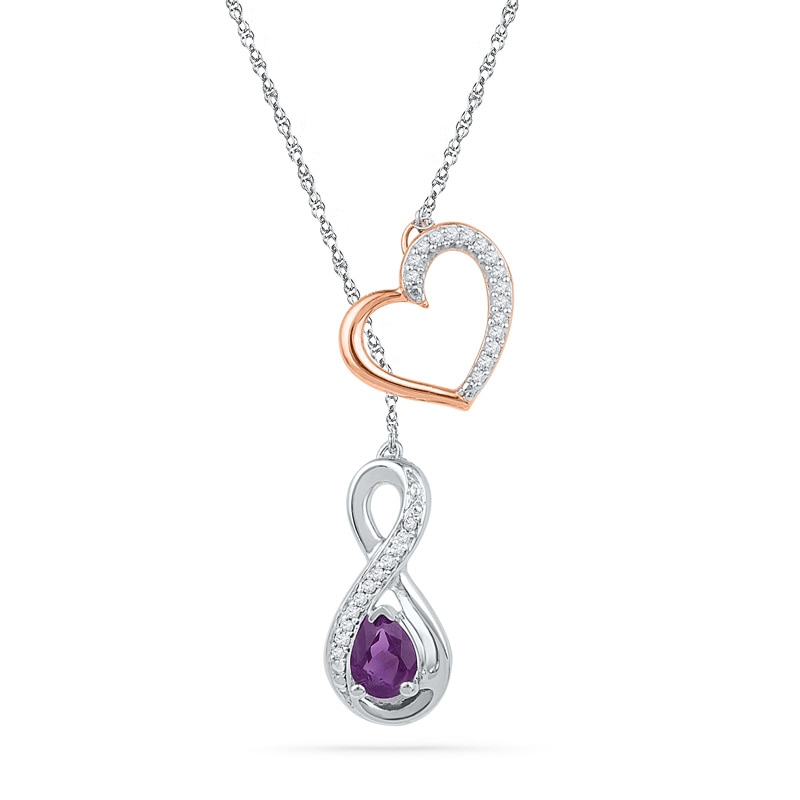 Pear-Shaped Amethyst and 0.10 CT. T.W. Diamond Heart Infinity Lariat-Style Necklace in Sterling Silver and 10K Rose Gold|Peoples Jewellers