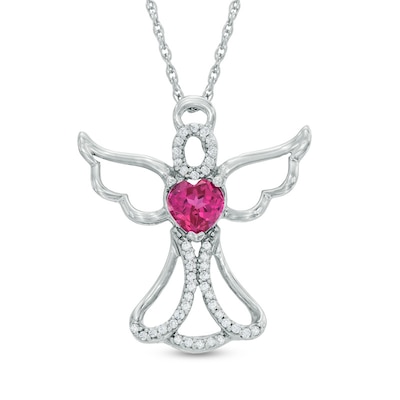 5.0mm Heart-Shaped Lab-Created Ruby and 0.14 CT. T.W. Diamond Angel Pendant in Sterling Silver