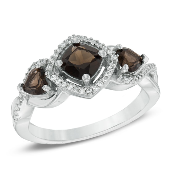 5.0mm Cushion-Cut Smoky Quartz and 0.10 CT. T.W. Diamond Three Stone Ring in Sterling Silver