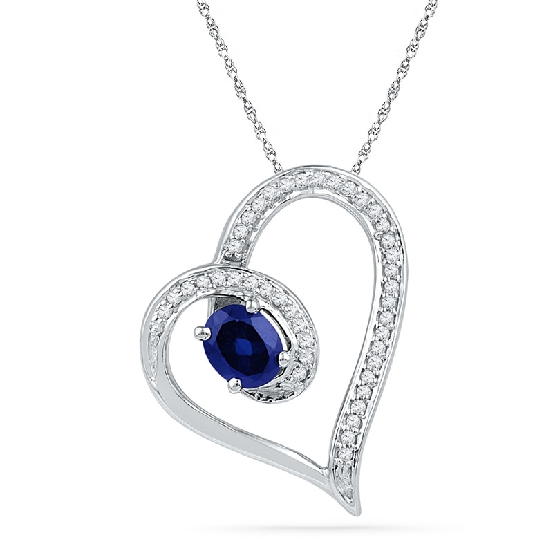 Oval Lab-Created Blue Sapphire and 0.12 CT. T.W. Diamond Loop Heart Pendant in Sterling Silver|Peoples Jewellers