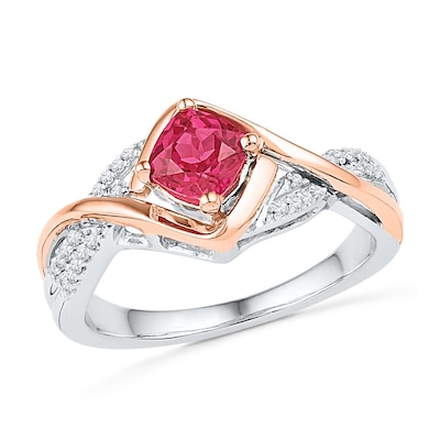 7.0mm Cushion-Cut Lab-Created Ruby and Diamond Accent Ring in Sterling Silver and 10K Rose Gold