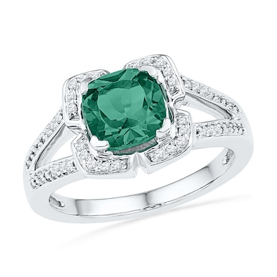 7.0mm Cushion-Cut Lab-Created Emerald and 0.12 CT. T.W. Diamond Frame Ring in Sterling Silver