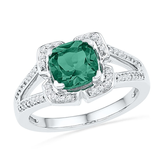 7.0mm Cushion-Cut Lab-Created Emerald and 0.12 CT. T.W. Diamond Frame Ring in Sterling Silver