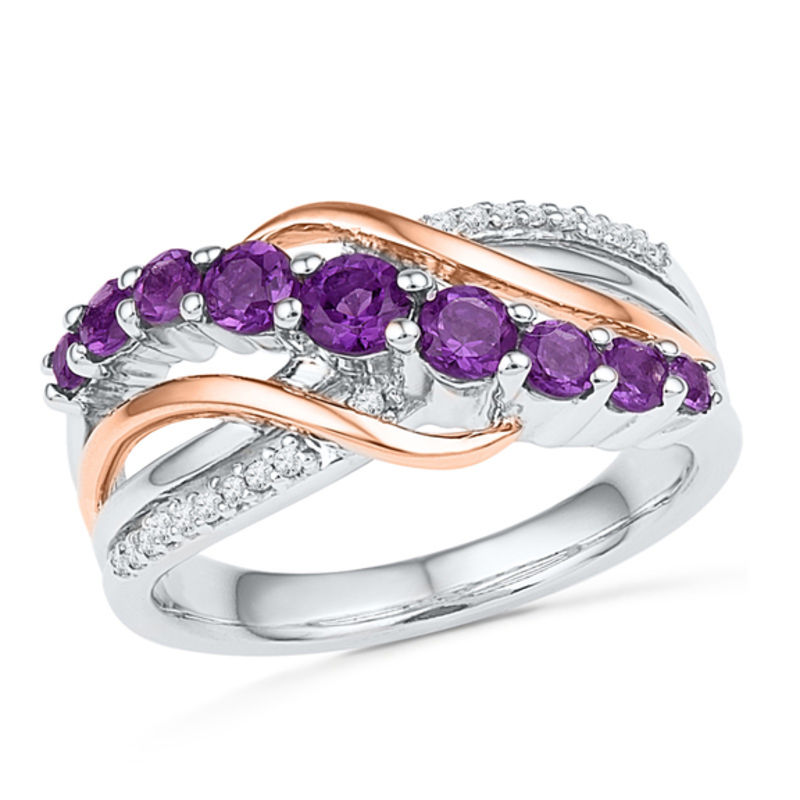 Amethyst and Diamond Accent Slant Ring in Sterling Silver and 10K Rose Gold|Peoples Jewellers