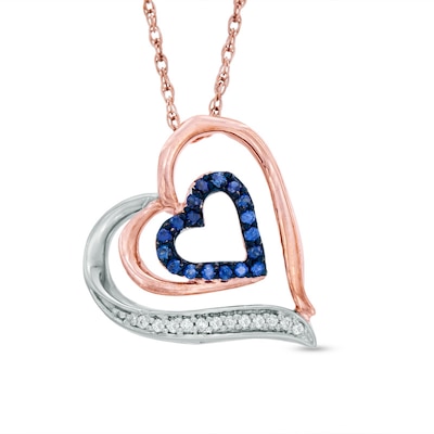 Lab-Created Blue Sapphire and Diamond Accent Double Heart Pendant in Sterling Silver and 10K Rose Gold