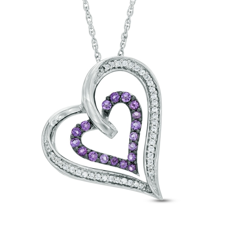 Amethyst and 0.16 CT. T.W. Diamond Double Heart Pendant in Sterling Silver
