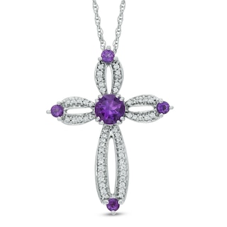 5.0mm Amethyst and 0.20 CT. T.W. Diamond Cross Pendant in Sterling Silver