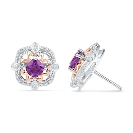 5.2mm Cushion-Cut Amethyst and 0.16 CT. T.W. Diamond Stud Earrings in Sterling Silver and 10K Rose Gold