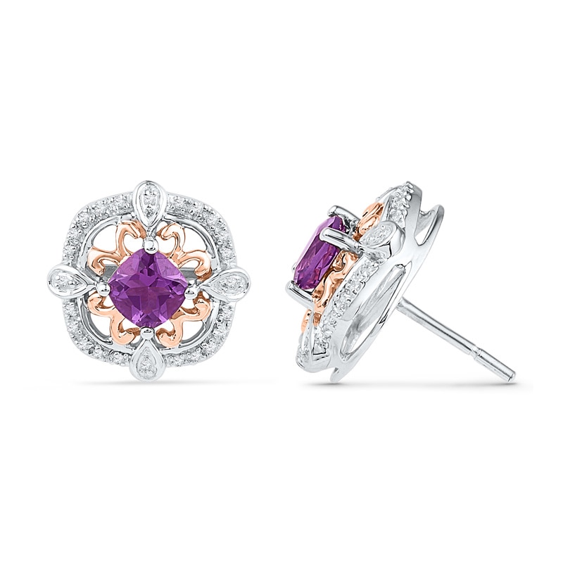 5.2mm Cushion-Cut Amethyst and 0.16 CT. T.W. Diamond Stud Earrings in Sterling Silver and 10K Rose Gold