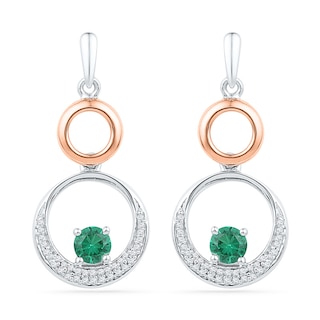 4.3mm Lab-Created Emerald and 0.20 CT. T.W. Diamond Double Circle Drop Earrings in Sterling Silver and 10K Rose Gold