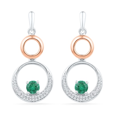 4.3mm Lab-Created Emerald and 0.20 CT. T.W. Diamond Double Circle Drop Earrings in Sterling Silver and 10K Rose Gold