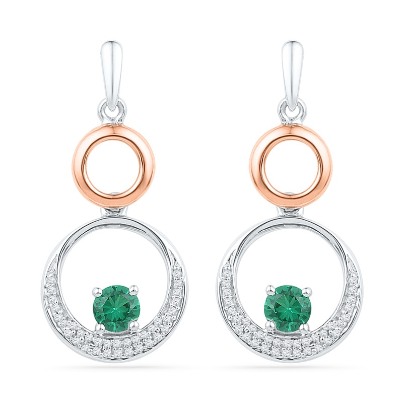 4.3mm Lab-Created Emerald and 0.20 CT. T.W. Diamond Double Circle Drop Earrings in Sterling Silver and 10K Rose Gold|Peoples Jewellers