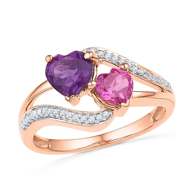 6.0mm Heart-Shaped Amethyst, Pink Lab-Created Sapphire and 0.08 CT. T.W. Diamond Ring in 10K Rose Gold