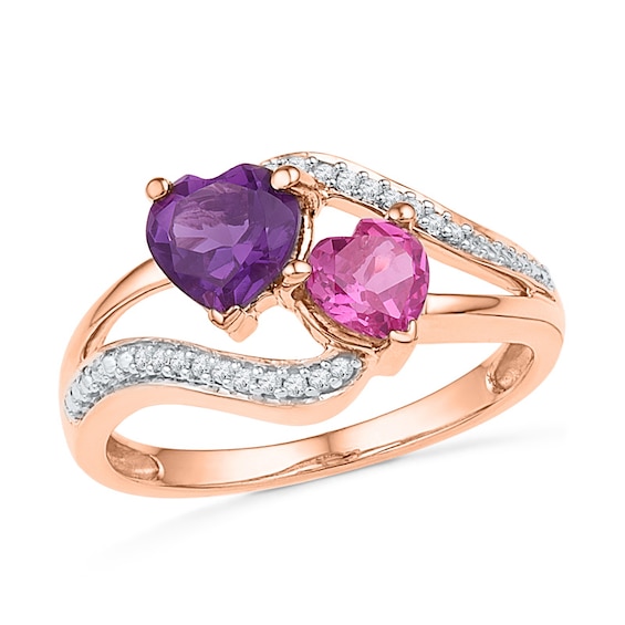 6.0mm Heart-Shaped Amethyst, Pink Lab-Created Sapphire and 0.08 CT. T.W. Diamond Ring in 10K Rose Gold