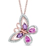 Thumbnail Image 0 of Pear-Shaped Lab-Created Pink Sapphire, Amethyst and 0.10 CT. T.W. Diamond Butterfly Pendant in 10K Rose Gold