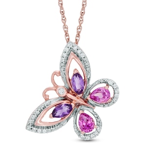 Pear-Shaped Lab-Created Pink Sapphire, Amethyst and 0.10 CT. T.W. Diamond Butterfly Pendant in 10K Rose Gold