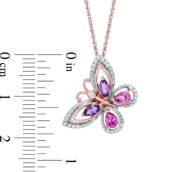 Pear-Shaped Lab-Created Pink Sapphire, Amethyst and 0.10 CT. T.W. Diamond Butterfly Pendant in 10K Rose Gold