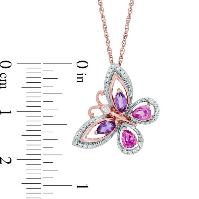 Pear-Shaped Lab-Created Pink Sapphire, Amethyst and 0.10 CT. T.W. Diamond Butterfly Pendant in 10K Rose Gold|Peoples Jewellers