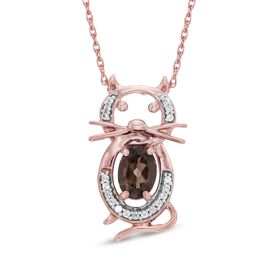 Oval Smoky Quartz and 0.10 CT. T.W. Diamond Cat Pendant in 10K Rose Gold