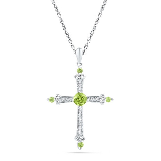 4.5mm Cushion-Cut Peridot and Diamond Accent Cross Pendant in 10K White Gold