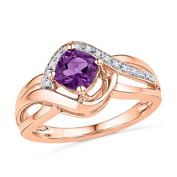 5.0mm Cushion-Cut Amethyst and 0.05 CT. T.W. Diamond Ring in 10K Rose Gold