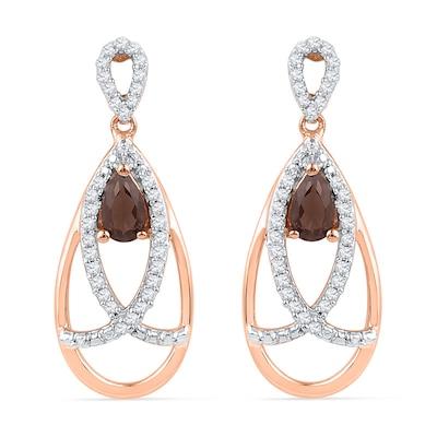 Pear-Shaped Smoky Quartz and 0.25 CT. T.W. Diamond Drape Drop Earrings in 10K Rose Gold