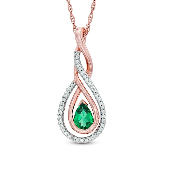 Pear-Shaped Lab-Created Emerald and 0.12 CT. T.W. Diamond Infinity Loop Pendant in 10K Rose Gold