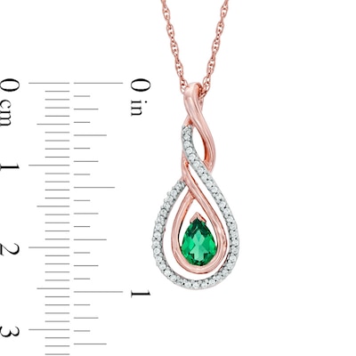 Pear-Shaped Lab-Created Emerald and 0.12 CT. T.W. Diamond Infinity Loop Pendant in 10K Rose Gold