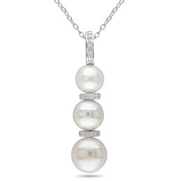 6.0-8.5mm Freshwater Cultured Pearl and 0.07 CT. T.W. Diamond Triple Drop Pendant in Sterling Silver