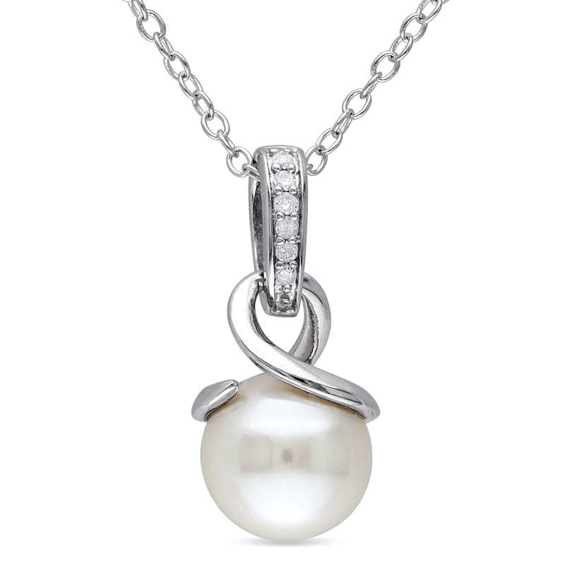8.0-8.5mm Freshwater Cultured Pearl and Diamond Accent Loop Pendant in Sterling Silver|Peoples Jewellers
