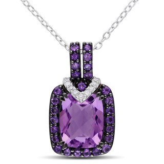 Cushion-Cut Amethyst and Diamond Accent Pendant in Sterling Silver with Black Rhodium